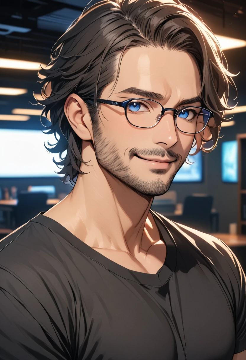 (best quality,4K,8K,high resolution,masterpiece:1.2),Very detailed,,1 person,Mature man,Beautiful Skin、contour、very handsome,wear glasses,Black curly hair,Smile,,blue eyes,Sharp eyes,Undoubtedly perfect face,Office Background,Cinema Lighting,hdr image,Black t-shirt anime