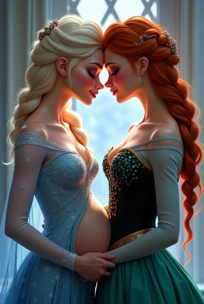 A stunning portrait of Elsa and her sister Anna touching each others breasts, kissing, French kissing, tongues touching, they are kissing, young and beautiful, hyper realistic, real portrait, backlit, exquisite features, cleavage, Elsa is showing her vagina to Anna and asking her to lick her vagina, she is inserting his fingers in her vagina under her skirt, she is fingering her, Elsa is pregnant, Anna is taller than Elsa, Anna is touching Elsa’s pregnant stomach, Anna has red hair, 