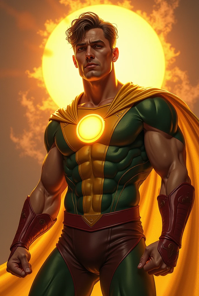 male superhero with the power of sun with golden green Marron colour costume with round chest logo feeling tired