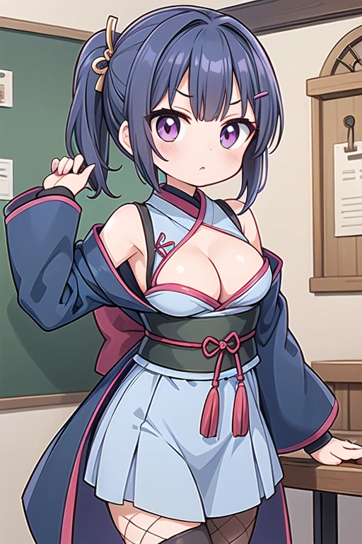 1 Cute naughty Assassin girl, Pastel colors hair, medium breasts, (Thighs, fishnet pantyhose, ninja costume, dark blue kimono, big kimono obi, knotted string, sleeveless, glove), short hair, (dark blue hair:1.2), (naked:1.3, cleavage), (forehead:1.2, bangs pinned back, asymmetrical bangs, hairclip, side ponytail:1,2), standard height, (Serious, Large eyes, yuruyuri), at the adventurer's guild, A bulletin board with posted paper