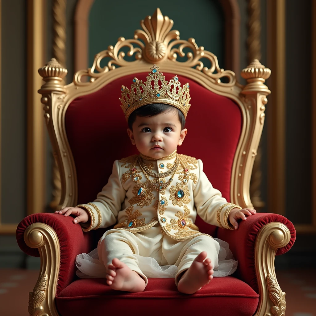 Realistic image of a 1 year old indian baby boy sitting on a grand throne, wearing royal outfits and ornaments, with a crown on his head, surreal and royal and lustrous, palace arch seen in the background, a large size '1' is seen behind the throne, image should be ultra clear, hyper realistic, high quality, 32kuhd
