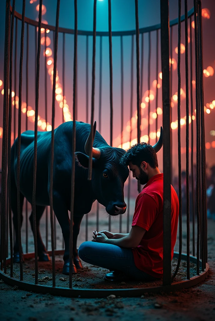 (best quality, masterpiece) using canon 5D mark II, sigma 24 mm f1,8 lens, (a bull and a man wearing a red shirt are in an iron cage, bull facing down, sad bull, man sitting next to bull), (in the circus stage, the night, many colorful lights),
