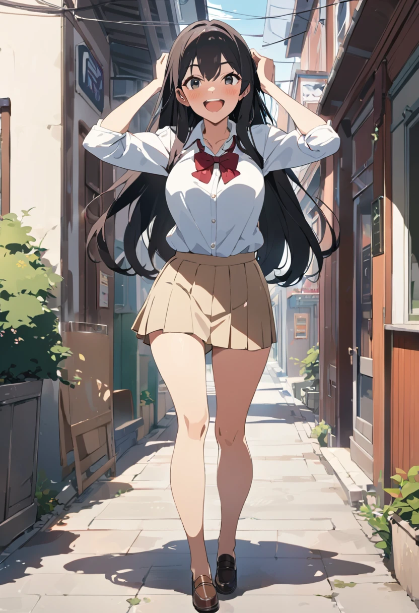 masterpiece, best quality, beautiful, Full-HD, 4K, 8K, woman, cheerful, laughing, standing, hands on hips, hands on head, looking at viewer, long hair, black hair, black eyes, tall, slender, leggy, gyaru, school uniform, in the town, in the afternoon, cel anime, full body shot, from front, midday