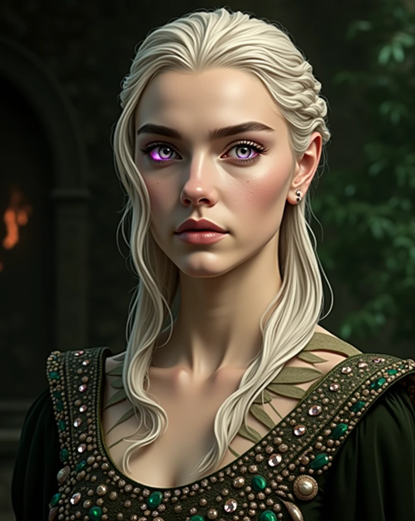 Make a Targaryen princess. She has white eyes, purples eyes, a green dress with countless precious stones. Background of mountains and volcanoes.