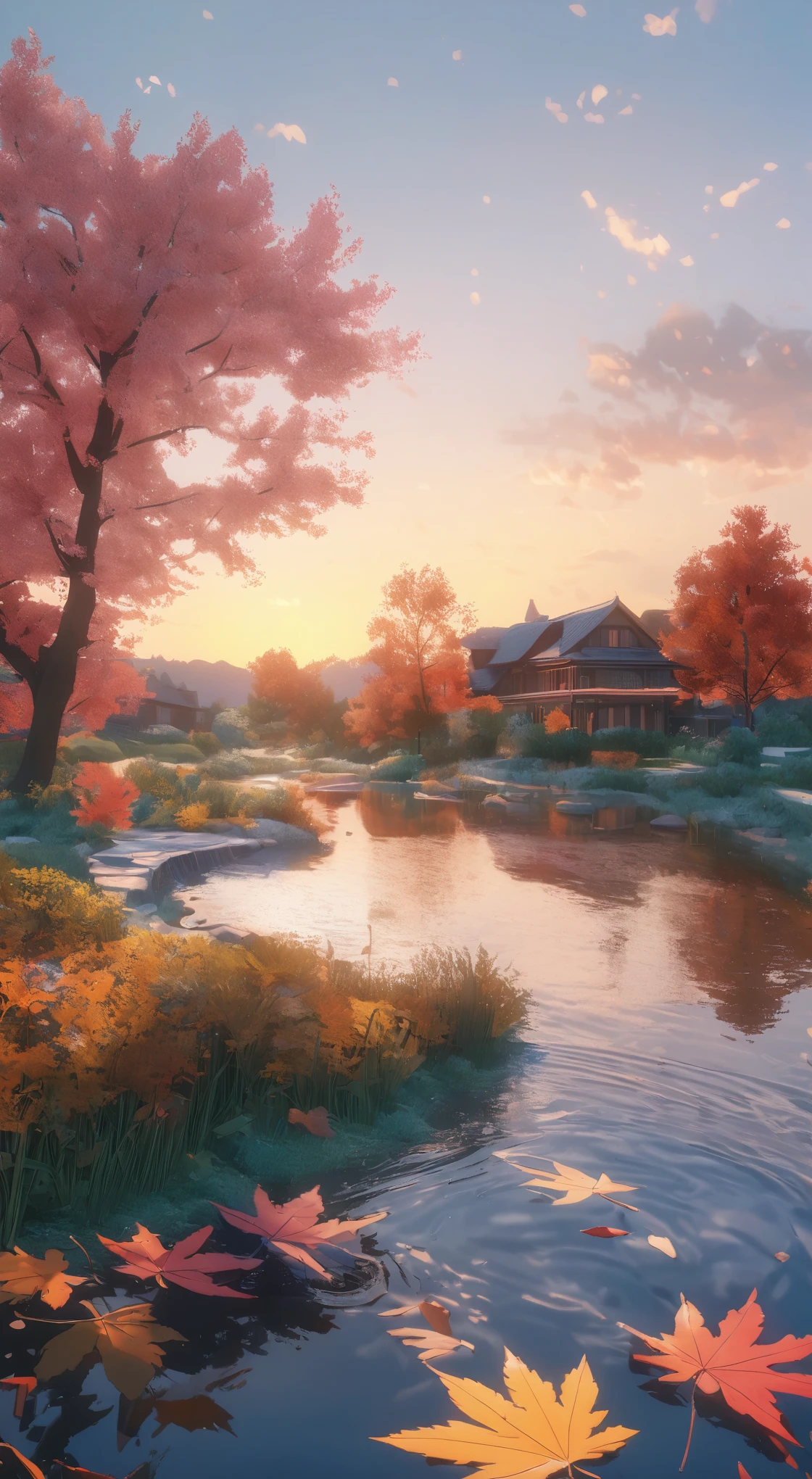 DIY16,best quality, Ultra HD, masterpieces, 8K, Practical, Anime style, 3D Rendering,(Pond in the evening:1.2), (8K, best quality, masterpiece:1.2), (Ultra-high resolution:1.0), Extremely bright design, Soft colors, (ink:1.3), Autumn Lights, High Detail, dramatic, photoPractical painting art