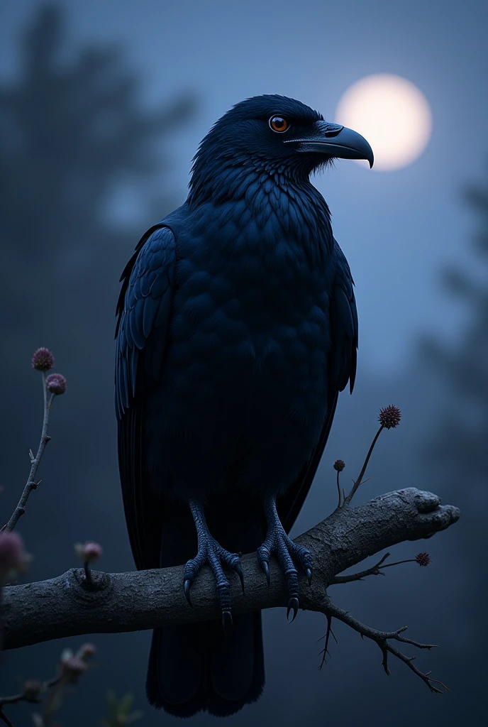 Um corvo em cima de um galha de árvore, sob a luz da lua, bem realista.
Adicione uma tonalidade ainda mais azulada e roxeada, aproxime mais o corvo na imagem.