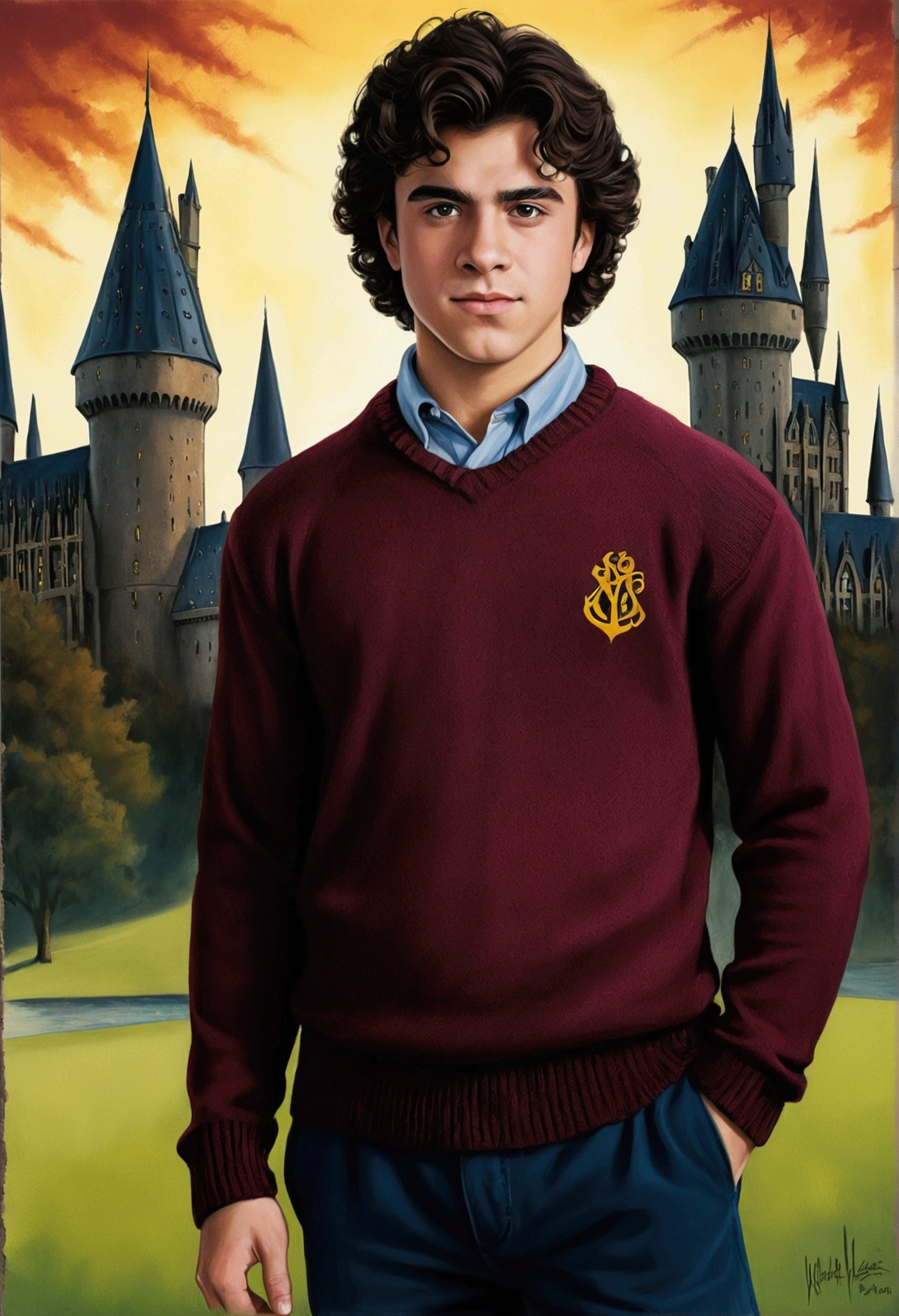 An illustrated movie poster, hand-drawn, full color, a teenage Hogwarts student, 18-years-old, male, wearing a maroon knit sweater and navy blue slacks, brown eyes, brown-black hair, voluminous curly mane, suntan complexion, medium height, broad shoulders, rugged scruffy appearance, lots of body hair, resembles Lou Ferrigno, standing on the Hogwarts grounds, hard shadows, graphite shading, stencil marks, airbrushed acrylic paint, masterpiece, in the style of the Deathly Hallows