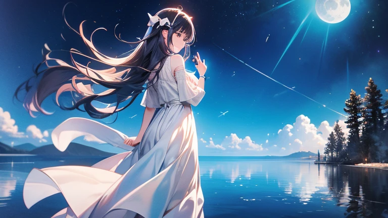 masterpiece, best quality，8K, Ultra-high resolution，A bright moon hangs in the deep blue sky，Girl standing in the middle of the lake，Her long hair seems to be swaying in the wind，The breeze caresses her cheeks，Bring a chill。She raised her head gently, looking at the moon in the distance, The lake quietly reflects the sky。calm around, The girl enjoys this peaceful night