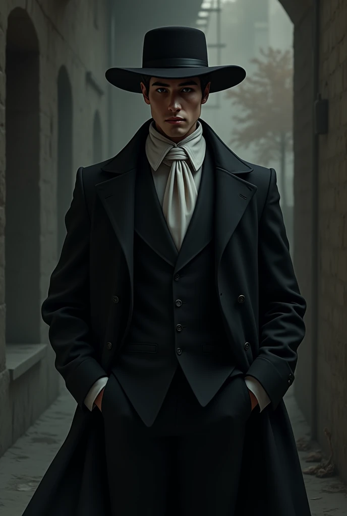 A young man wearing a black suit, a black hat, a long black coat, a white scarf around his neck.
