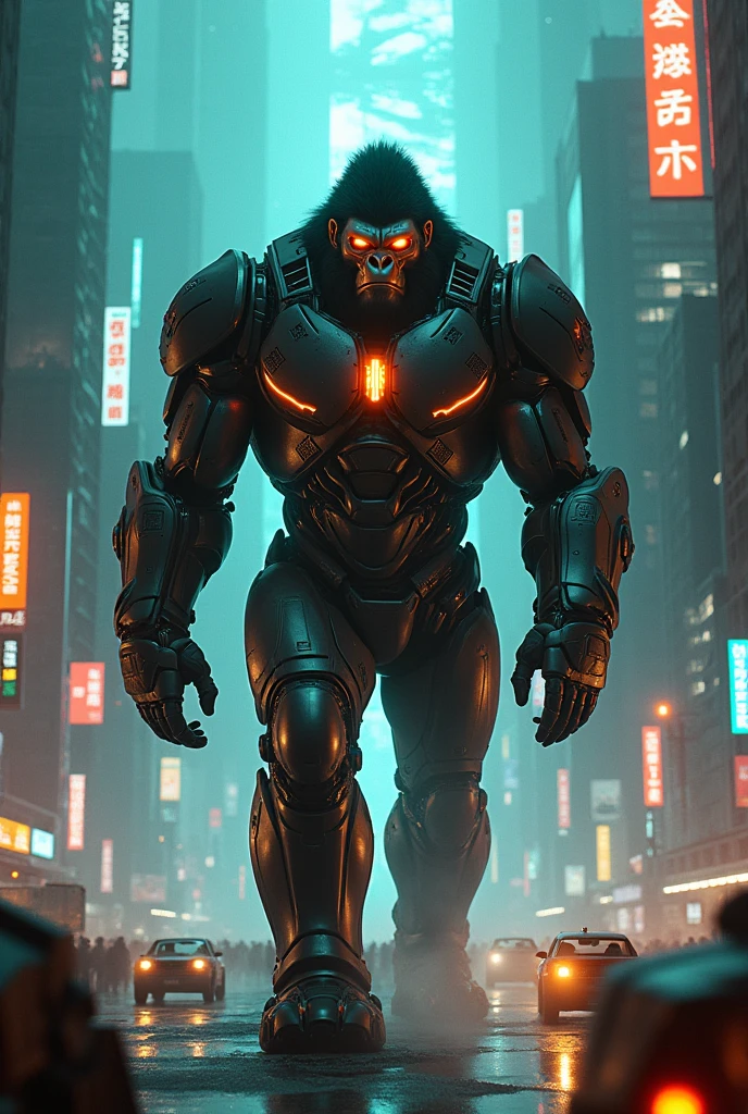 fire king kong in robocop black costume, walking in cyberpunk city with teal and orange neon lights