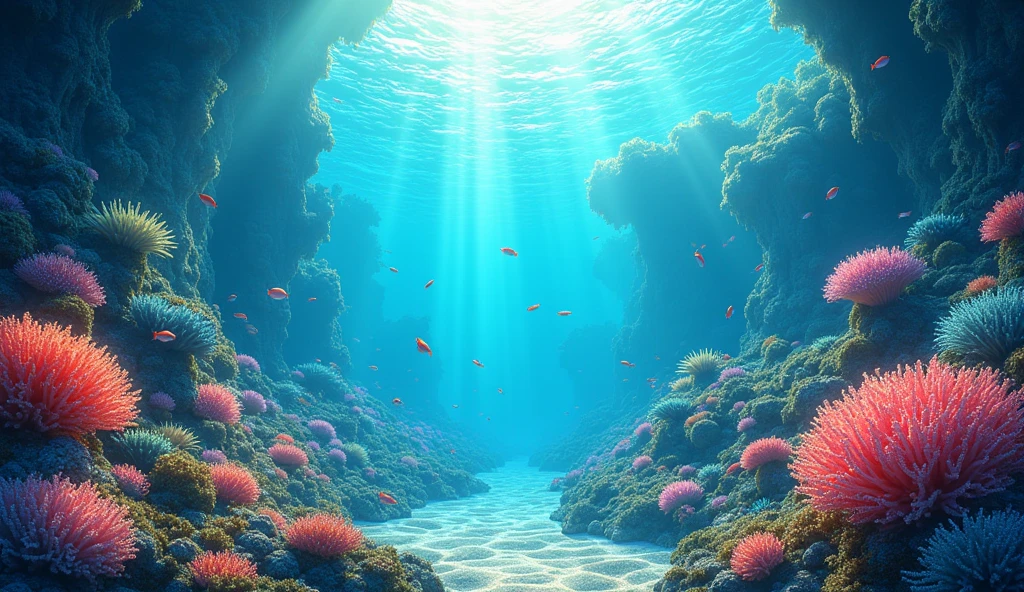 Sunlit Underwater Garden: A vast underwater garden filled with vibrant, softly glowing coral formations in pastel colors. The scene is bathed in dappled sunlight filtering through the water's surface, creating a dreamlike atmosphere. Schools of tiny, iridescent fish swim gracefully among the corals, adding dynamic movement to the serene environment Strong contrast, Good depth of field, 8K wallpaper, Masterpiece, Aesthetic illustration in realistic style, best quality, natural light, high res, highly detailed, All the colors and materials in this work are very harmoniously combined