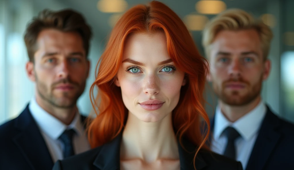 posing in the office, 30 year old redhead, making a gesture , large blue eyes, high cheeks, well defined jawline, big eyebrows , (ashen hair) . look, (just face), (full body photo ), 4K, detailded, and two men at his side, they are 2, man 1 has brown hair and man 2 has blond hair, both fair skin, man 1 has brown eyes man 2 has green eyes, man 1 is wearing a white dress shirt and black pants man 2 is wearing a blue shirt