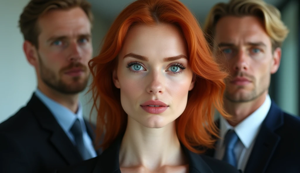 posing in the office, 30 year old redhead, making a gesture , large blue eyes, high cheeks, well defined jawline, big eyebrows , (ashen hair) . sexy look, (just face), (full body photo ), 4K, detailded, and two men at his side, they are 2, man 1 has brown hair and man 2 has blond hair, both fair skin, man 1 has brown eyes man 2 has green eyes, man 1 is wearing a white dress shirt and black pants man 2 is wearing a blue shirt