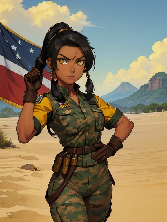 (26 year old:1.3), (Female), (Mixed race Guatemalan-Navajo), (tanned bronze skin:1.4), (Yellow colored eyes:1.4), (Short Black Hair:1.3), (Pony-Tail hair style:1.3), (Athletic:1.4), (Wearing: USA marine corps uniform, camouflage military uniform, armor and gloves), army girl, soldier girl, infantry girl,
