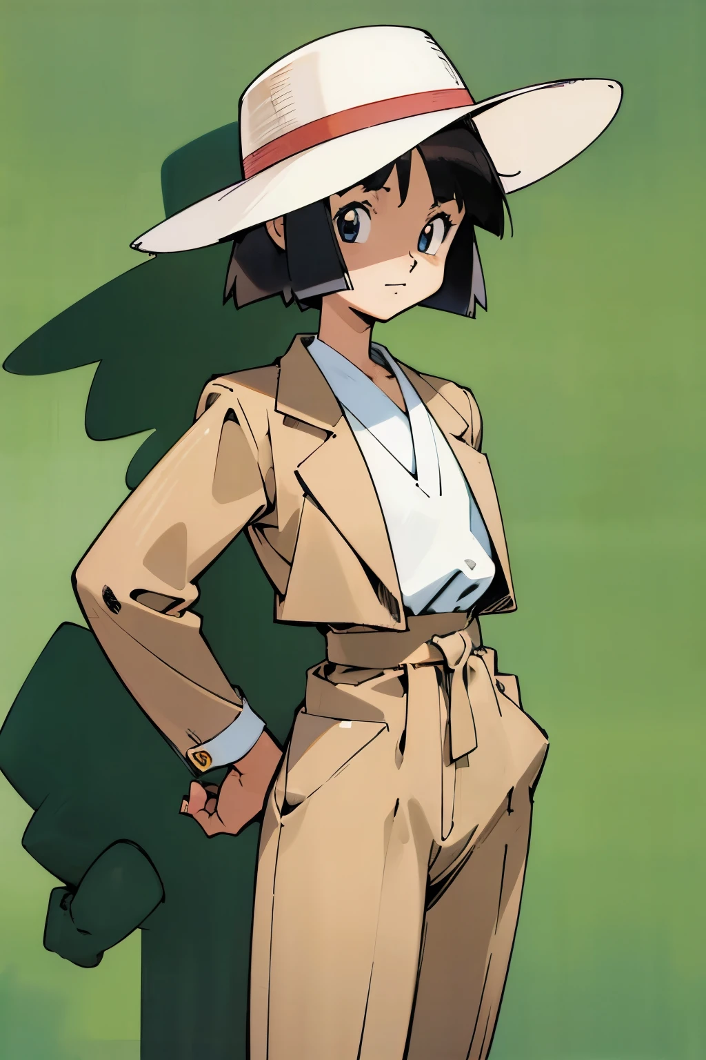 by Ken Sugimori, sugimori 1990s, ((only 1woman)), sun hat, tan linen suit, ((hands behind their back)), full black pupils, manga, best quality, highly detailed, clean lines, cowboy shot, good hands, good eyes, hd, 8k, professional, symmetrical, hires, 8k,