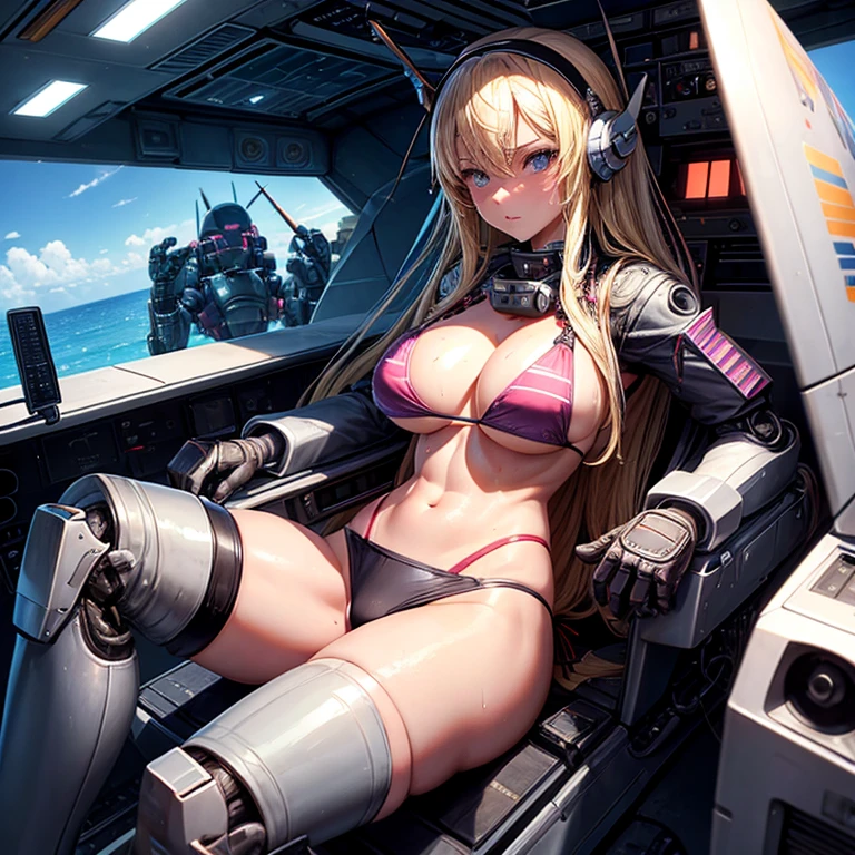 1 female、Real Person、blonde、Long Hair、head band、Big Breasts、stylish、((((Bikini Style Pilot Suit))))、Wet Bikini、Bottoms、Low rise、Thimble gloves、Knee-high boots、(((Robot cockpit)))、hermetic space、Sitting in the seat and piloting、vapor、Dripping Sweat、The right hand is on the control stick、Wipe the sweat with your left hand