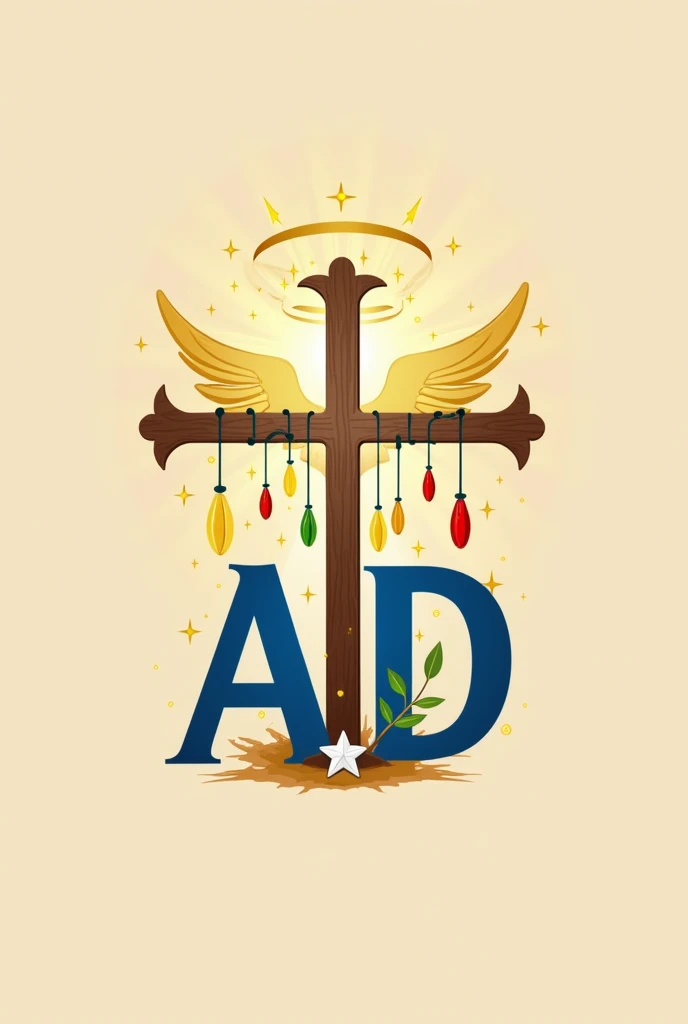 I want a capital A and a D in italics that should stand out Blue color with a golden angel halo In the background a cross made up of two nails from which a drop of yellow runs and falls, a drop of red and a drop of green, only one drop of each color And at the base of the cross there is a small 8-pointed white star Keep in mind that it is for a logo for a youth community and the background should be light brown