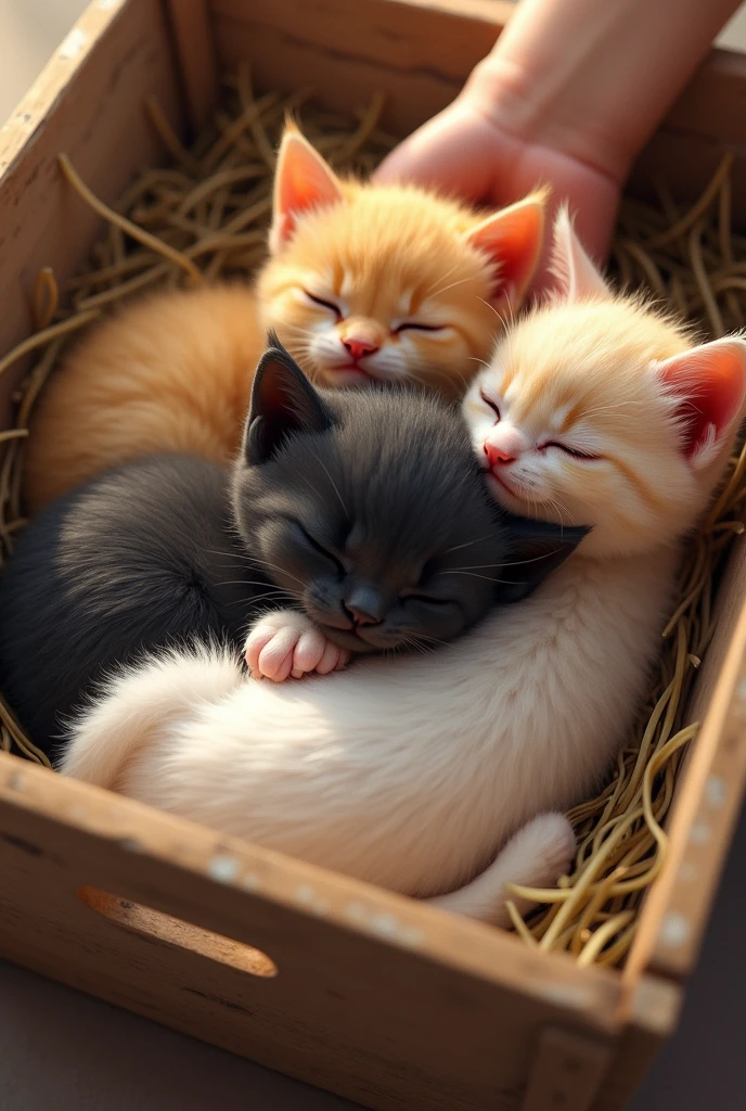 a box。There are hay rags piled in the box,There are three chubby kittens sleeping on it,The kitten squints his eyes,Wrinkled black tip of nose,Looks very cute。These three kittens are one yellow, one black and one white.,Looks very similar,But the coat color is very different.He reached out and picked up the black one from the box and put it in his arms.,Hold。I feel like a little fleshy ball on my chest is funny,Gently scratched the back of the kitten's head。Kitten opens eyes,Took a look at him,fell asleep again,It doesn't seem to conflict with his physical aura。