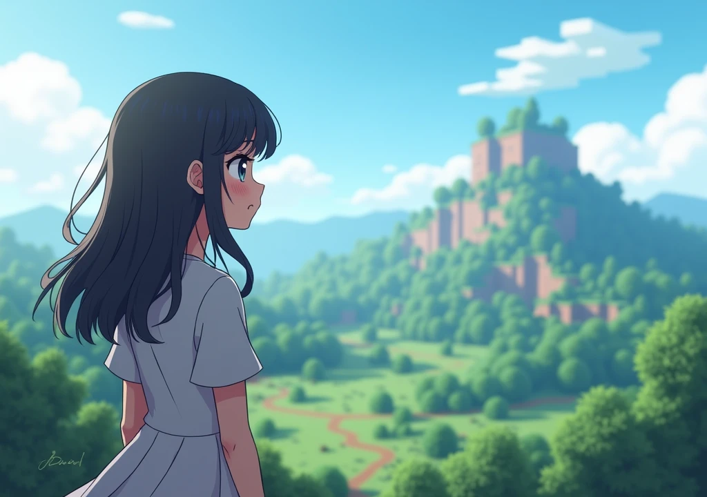 a 2d female anime character looking at a landscape in minecraft