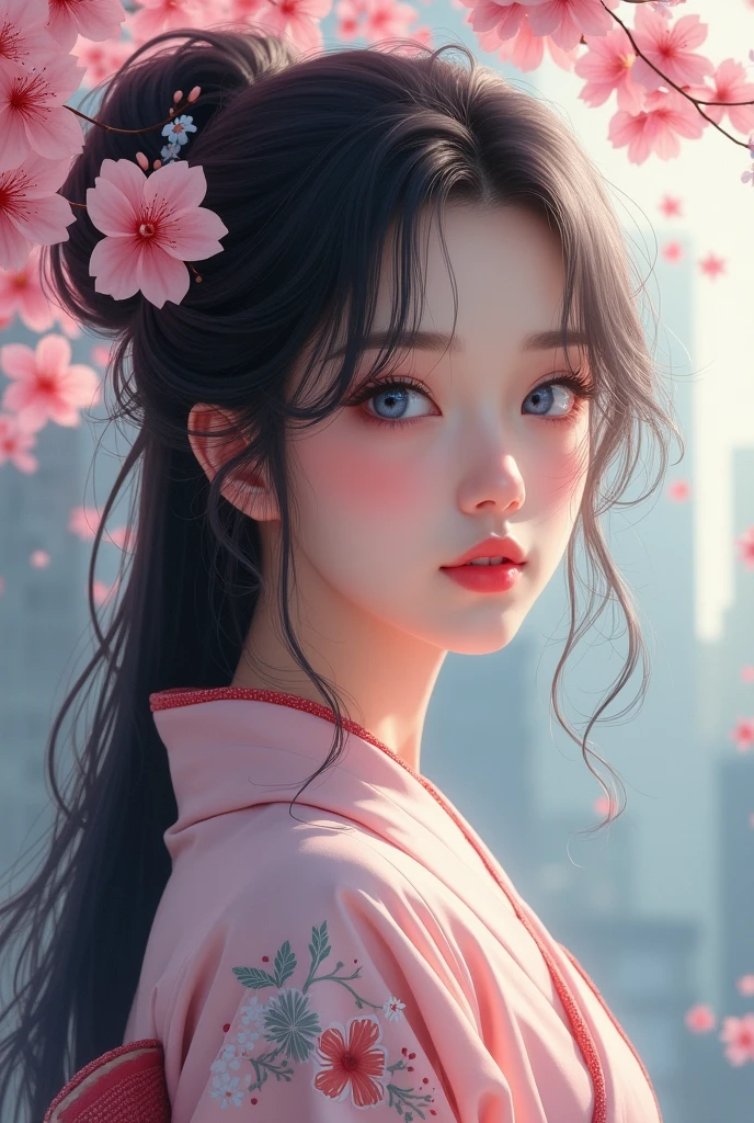 Realistic, masterpiece, Realistic, High resolution, Soft Light, Hip Up, blue eyes, Gray Hair, Japanese、Cute jaw、A beautiful face like Hitomi Ishihara、20-year-old、Long Hair, Black kimono, Floral, cherry blossoms