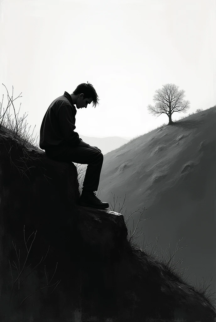 Create a black and white painting depicting a sad man sitting at the edge of a hill remembering his mother in his imagination