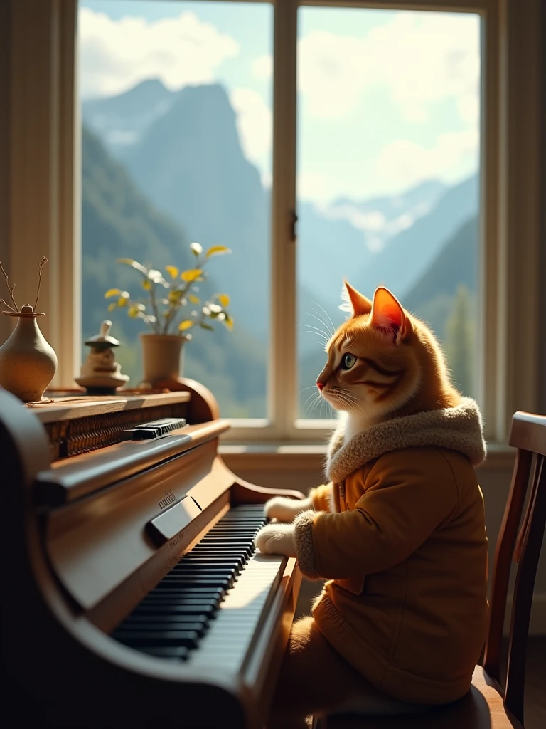 Orange cat playing piano in front of a window that looks at the dreamy mountain,He is dressed in a warm jacket ,he is a pianist cat