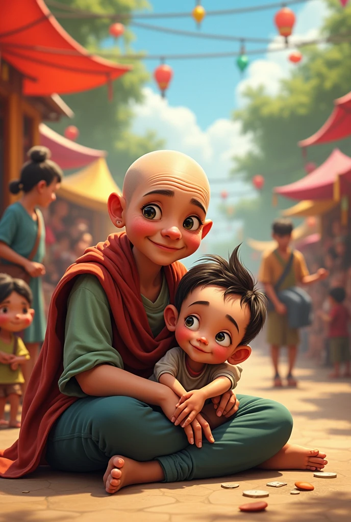 Mom is bald ,sitting in ground ,in village festival, her son is sitting in her lap