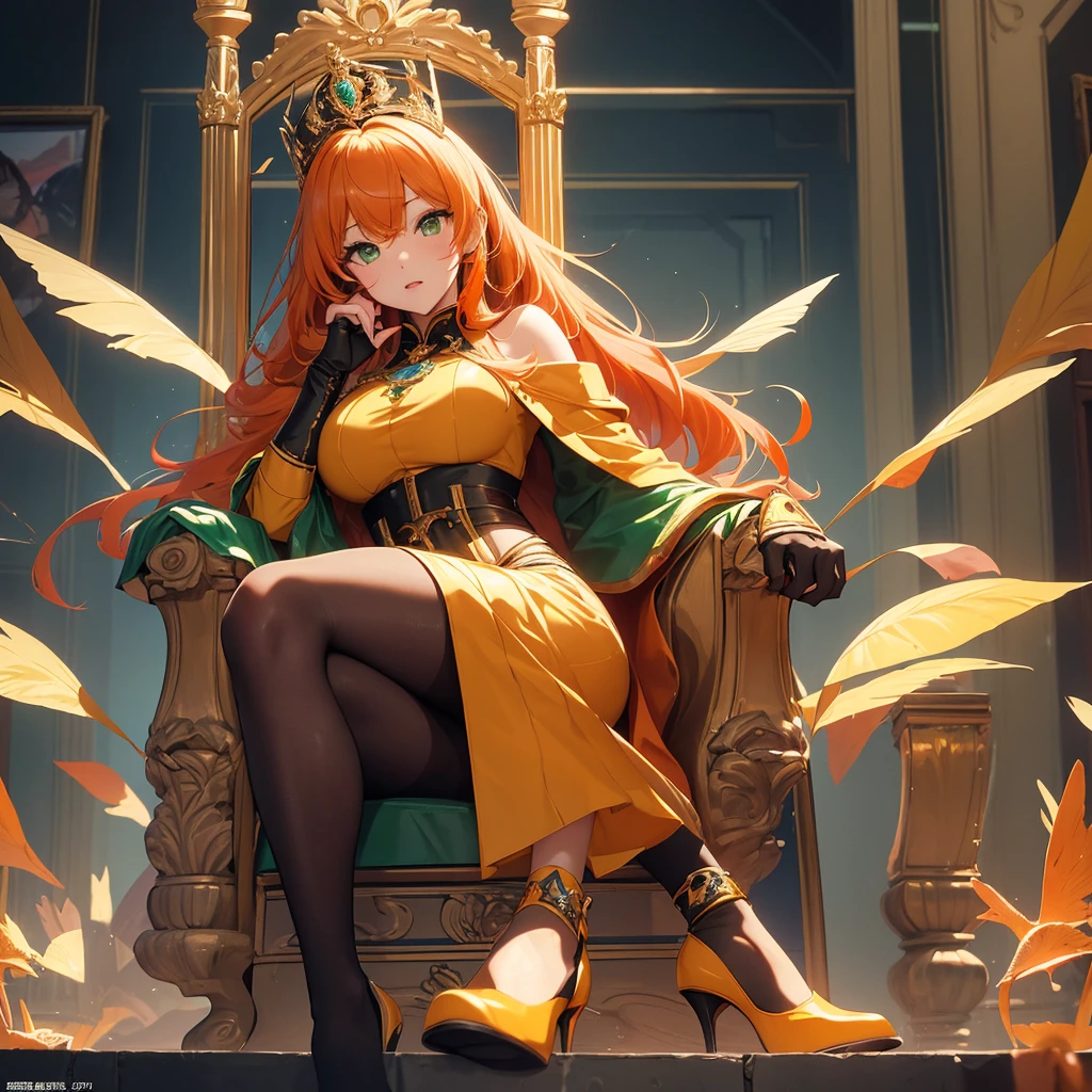 最high quality、best image quality、masterpiece、girl((20-year-old、sexy, By becomin, big bust, highest valley, orange hair, green eyes, yellow high heels, black pantyhose, sitting on a throne)), high quality、beautiful art、background((throne room))、flight、debris flies、full body、movie、visual art、perfect art、8K,genuine, 