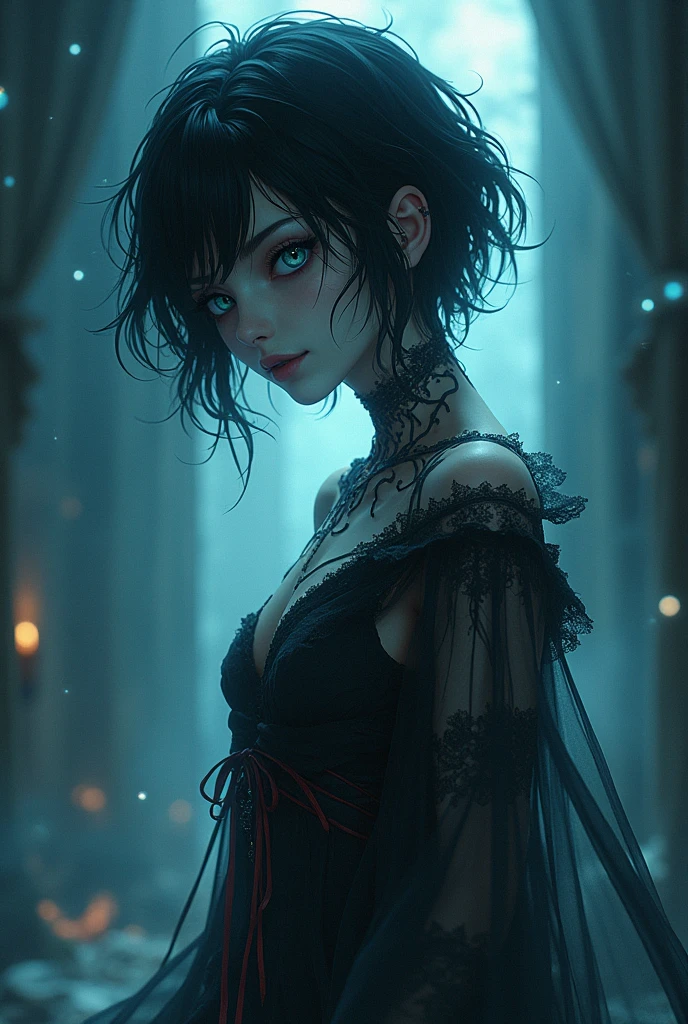 Ultra detailed illustration painting of a luminous and enchanting bad girl undead/human-like creature with dark short hair, dynamic pose, anime style, dimly lit dark fantasy realm enviroment, full shot, rule of thirds depth of field intricate details, concept art, subtle colors, fantastical realm, extremely detailed, ultra sharp focus, light particles, attention to detail, grandeur and awe, cinematic, stunning visual masterpiece, double exposure, 8k, photorealistic, strong outlines, cinematographic scene,