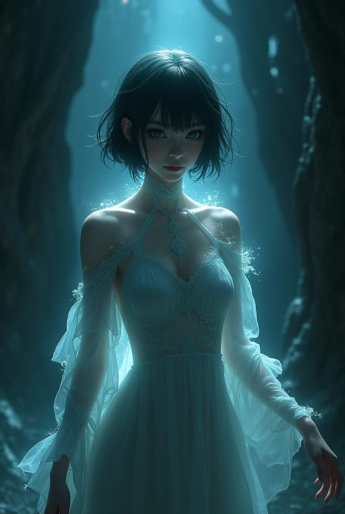 Ultra detailed illustration painting of a luminous and enchanting bad girl undead/human-like creature with dark short hair, dynamic pose, anime style, dimly lit dark fantasy realm enviroment, full shot, rule of thirds depth of field intricate details, concept art, subtle colors, fantastical realm, extremely detailed, ultra sharp focus, light particles, attention to detail, grandeur and awe, cinematic, stunning visual masterpiece, double exposure, 8k, photorealistic, strong outlines, cinematographic scene,