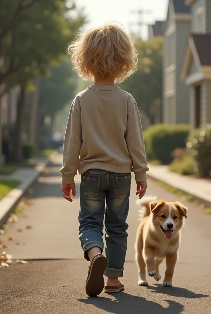 (photorealism:1.2), white teenage boy, blond, from behind, playing in the street with a puppy, nice clothes, straight hair like leonardo dicaprio in titanic