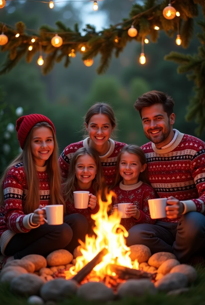 Create a photo where a family appears, specifically consisting of two 16-year-old daughters., the mother and the father, at Christmas sitting in the garden of their house with a bonfire in the center with Christmas sweaters all the same