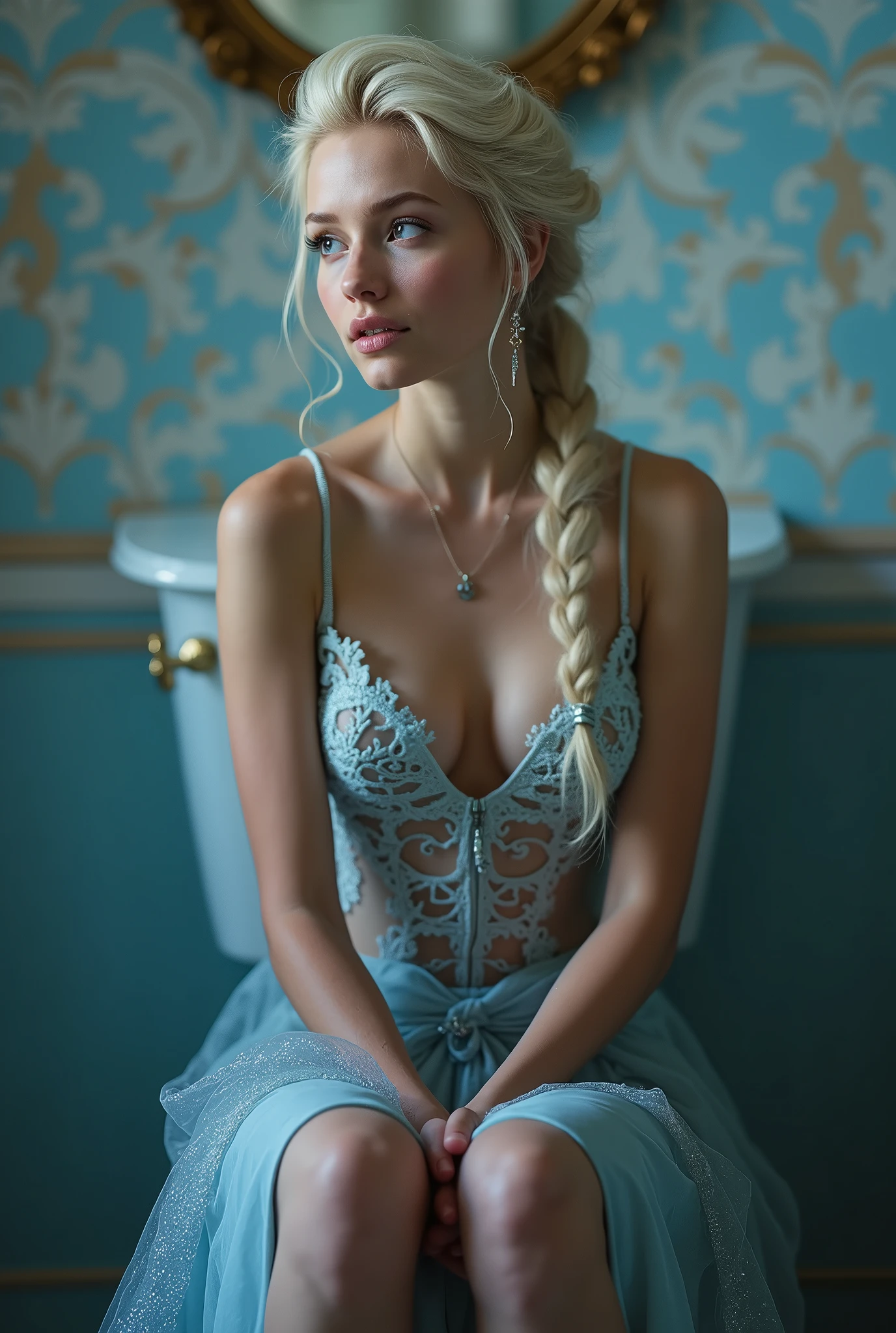 A stunning portrait of Elsa sitting on the royal toilet, young and beautiful, hyper realistic, real portrait, backlit, exquisite features, cleavage, sexy, seductive