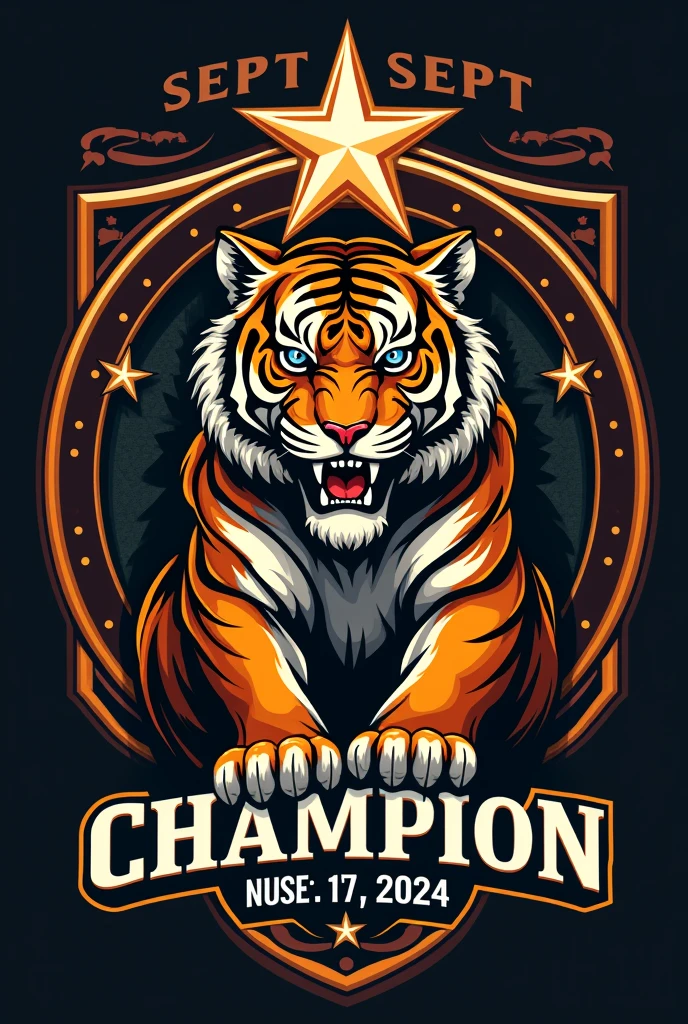 Create a team crest with a tiger and a star that says September 17 at the top and 2024 champion at the bottom