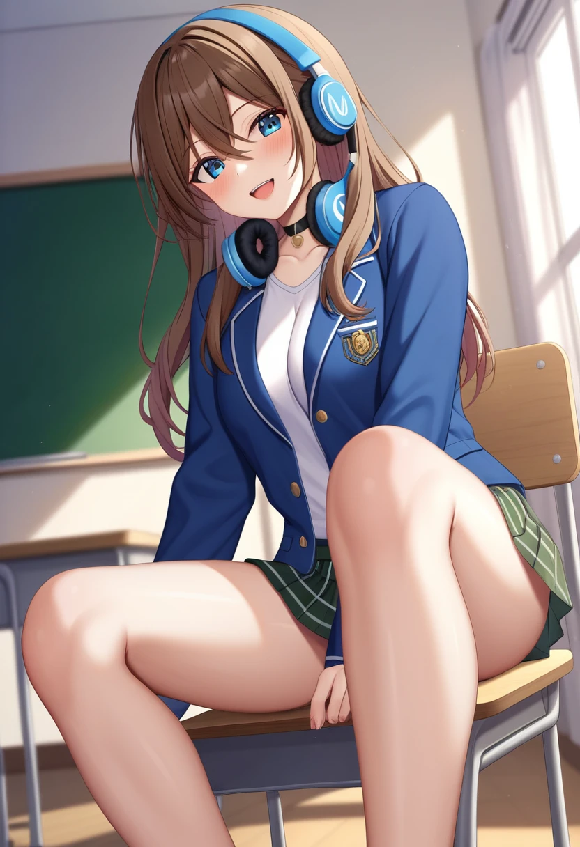 (Highest quality, 4K, 8k, High resolution, masterpiece:1.2), Very detailed, Picturesque, Animated Photography, Photo Animation:1.37)、Japanese schoolgirl、(Brown Hair)、(Medium Long Hair)、uniform、White shirt、Yellow-green checkered skirt、((Navy blue jacket))、Black choker、Blue headphones around the neck、classroom、Nakano Miku
