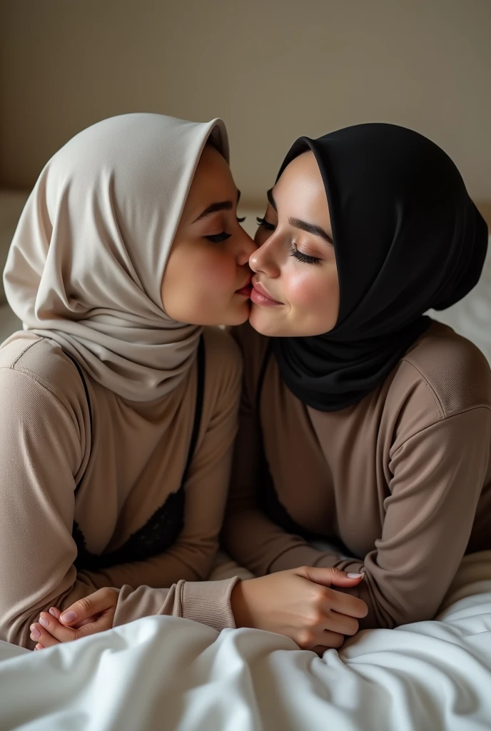 threesome hijab lesbian girl,wearinglace bra,laying down on bed,kissing each other,