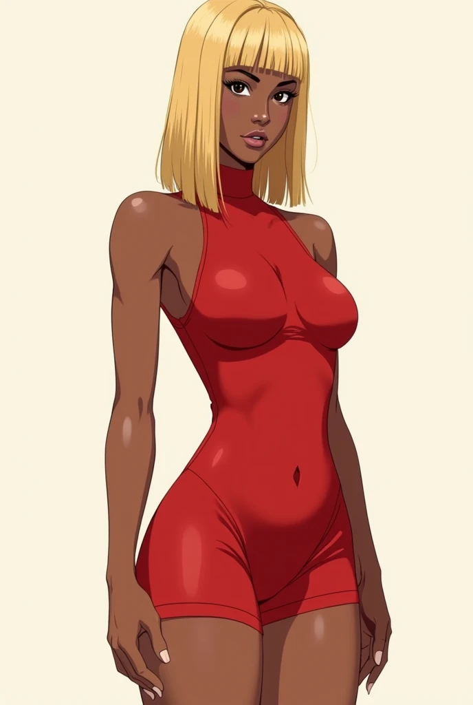 black girl with straight blonde hair without bangs wearing a tight red outfit from the front, anime styling