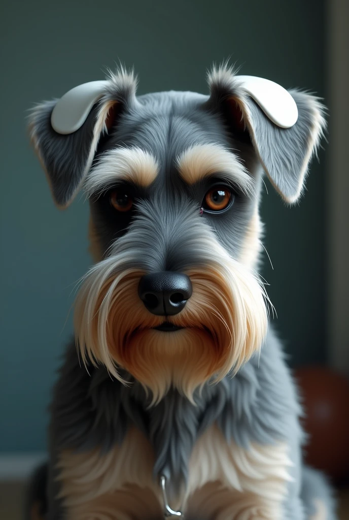 Schnauzer dog with his ears injured and bandaged with a sad look on his face