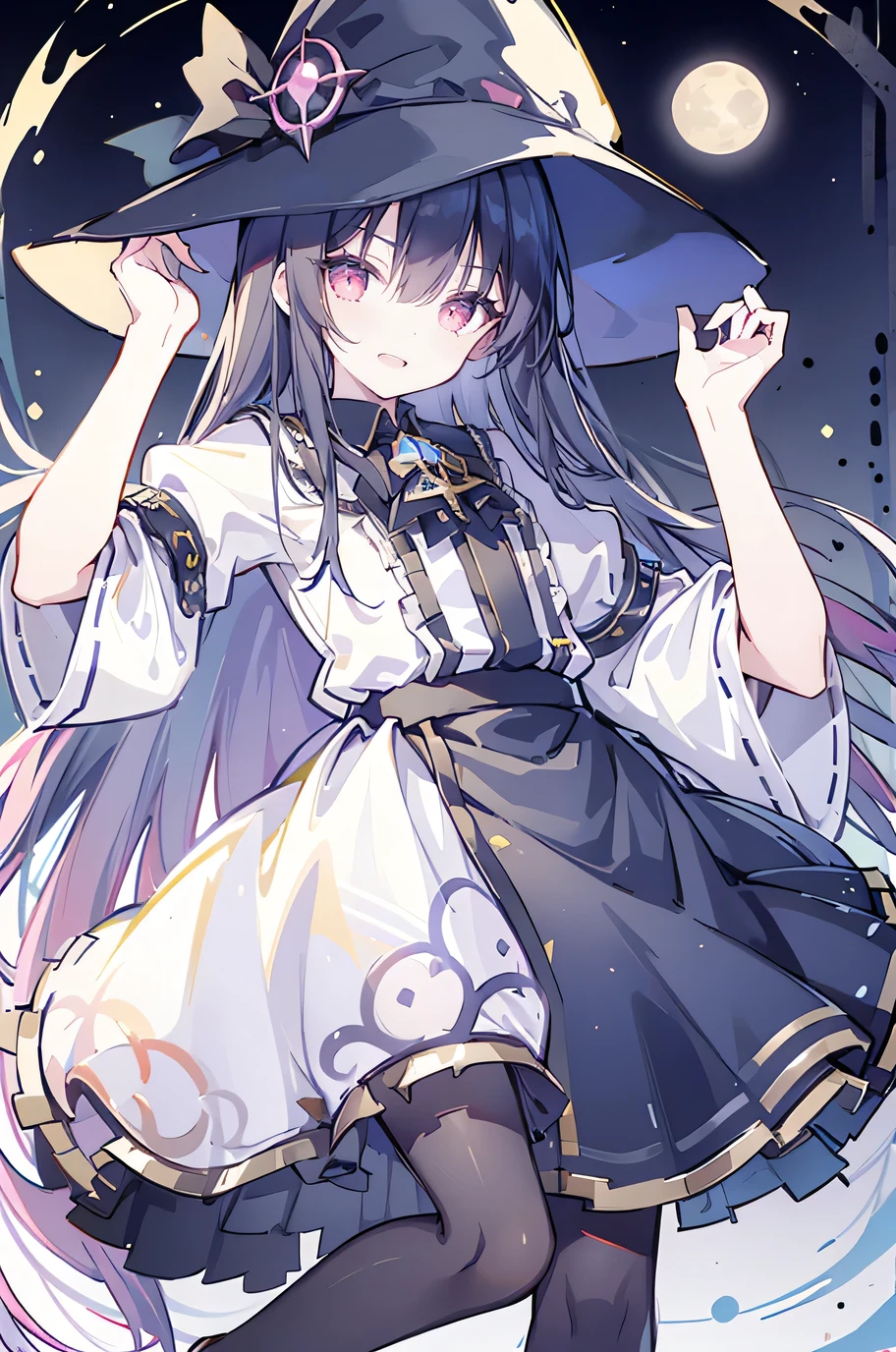 oung Girls,Humanity,A magician always smiles,big witch hat,cute,dark blue long hair,The eyes are dull,The bangs are heavy,Thin eyebrows,fantasy,intake,Double teeth,Star Theme,Constellation pattern,Solid color clothetal decoration,cloak,A bit of a dark atmosphere,A little crazy smile,When the big moon shines outside at night,blood,Hair black star embellishment,Short tie,No nails,High waist skirt,Bell sleeves,Long-sleeved shirt,Black tie,low risk,gentlemen。Mist、Yellow and white effect,Shocking pink as an accent color