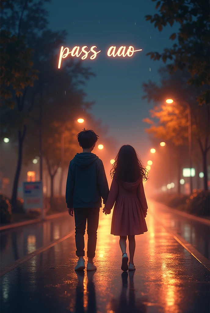 A romantic scene where a boy and girl are slowly walking towards each other, under a gentle rain. The background features soft street lights reflecting off the wet ground, creating a dreamy and romantic atmosphere. Both the boy and girl have a slight smile on their faces, as if they have been longing to meet each other. The time appears to be night, with a warm, soft glow from the lights enhancing the scene. Above them, the words 'Pass Aao' are written in a soft cursive font, blending seamlessly into the ambiance.