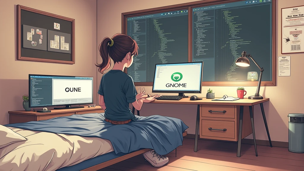 a bedroom of a nerdy anime girl, (no-character:1.4), on computer screen runs Linux and a development IDE, there is a poster on the wall with GNOME's desktop logo, masterpiece, precision, realistic