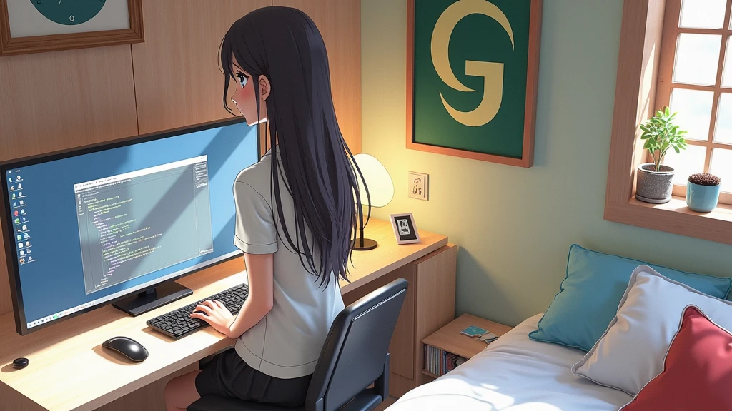 a bedroom of a nerdy anime girl, (no-character:1.4), on computer screen runs Linux and a development IDE, there is a poster on the wall with GNOME's desktop logo,  masterpiece, precision, realistic
