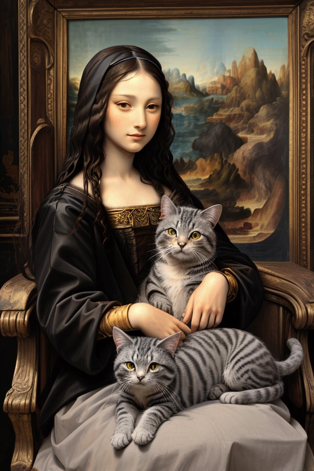 Mona Lisa painting, with long haired gray tabby cat, black and brown on the lap
