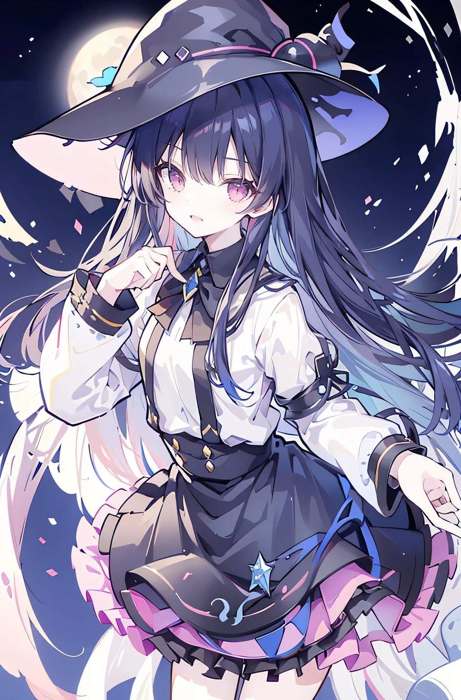 oung Girls,Humanity,A magician always smiles,big witch hat,cute,dark blue long hair,The eyes are dull,The bangs are heavy,Thin eyebrows,fantasy,intake,Double teeth,Star Theme,Constellation pattern,Solid color clothetal decoration,cloak,A bit of a dark atmosphere,A little crazy smile,When the big moon shines outside at night,blood,Hair black star embellishment,Short tie,No nails,High waist skirt,Bell sleeves,Long-sleeved shirt,Black tie,low risk,gentlemen。Mist、Yellow and white effect,Shocking pink as an accent color