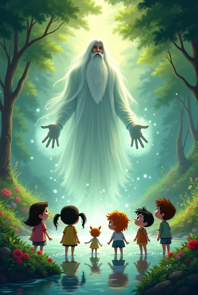 From the spring, a god appeared.
“What are you looking for?” the god asked the kids. It's like a cartoon