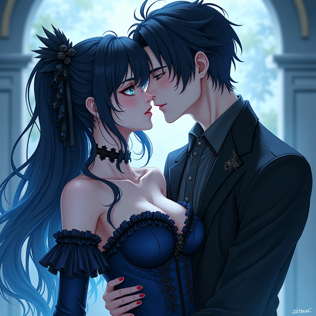Male. Long black hair. Teal blue eyes, Male, Blue and black frilly gothic clothes, Surrealism, Sexy, Masterpiece, Shiny, 8k, super detail, Shiny, Beautifully detailed, Pretty drawn. Anime style. Sexy pose, hot. Seductive pose. Anime style. Kissing a hot blonde male. (((Male x Male))))