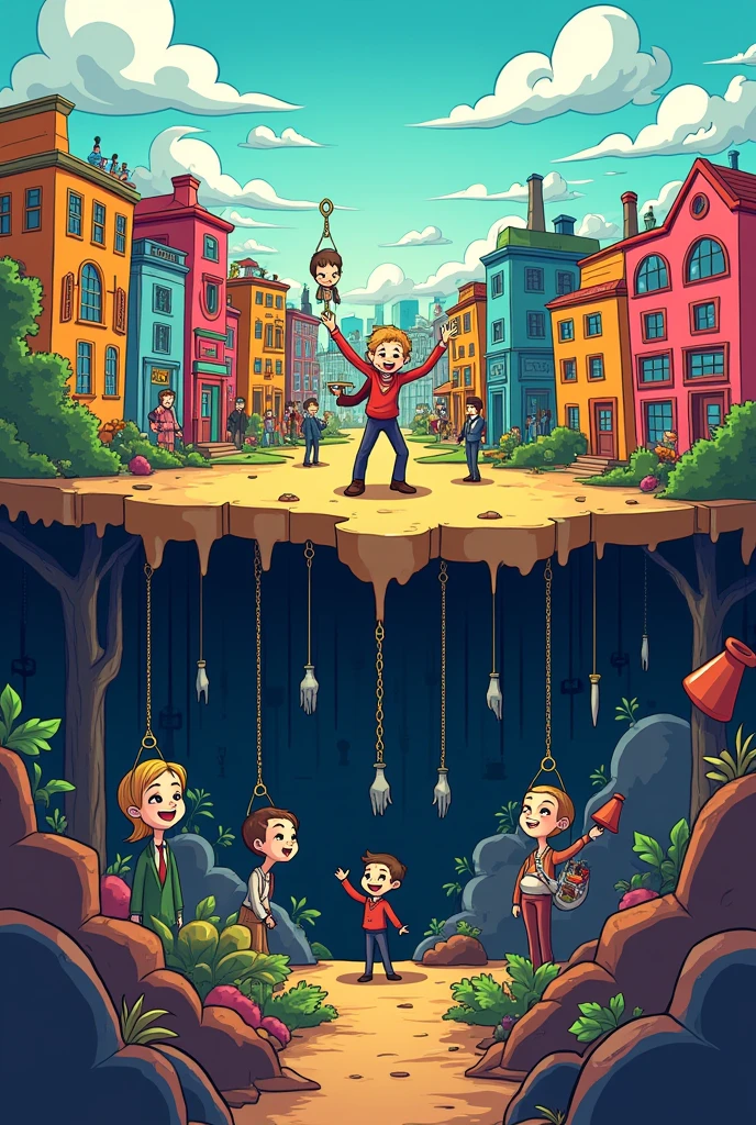 Create a cartoon-style image depicting a seemingly vibrant and cheerful city with bright, colorful buildings and smiling people on the surface. However, beneath the surface, show the hidden layers of the city with dark, shadowy figures pulling strings, representing corruption, manipulation, and exploitation. Include symbols like chains, puppeteer hands, and masked faces to signify control and deception. The contrast between the bright surface and the dark underworld should be stark, with the deeper layers revealing society's hidden and sinister secrets.