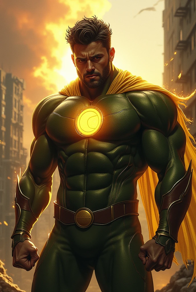 male superhero with the power of sun with golden green Marron colour costume with round chest logo feeling tired and really exhausted