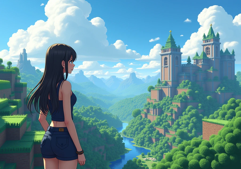 an adult female character in sexy 2d anime clothes looking at a landscape in minecraft