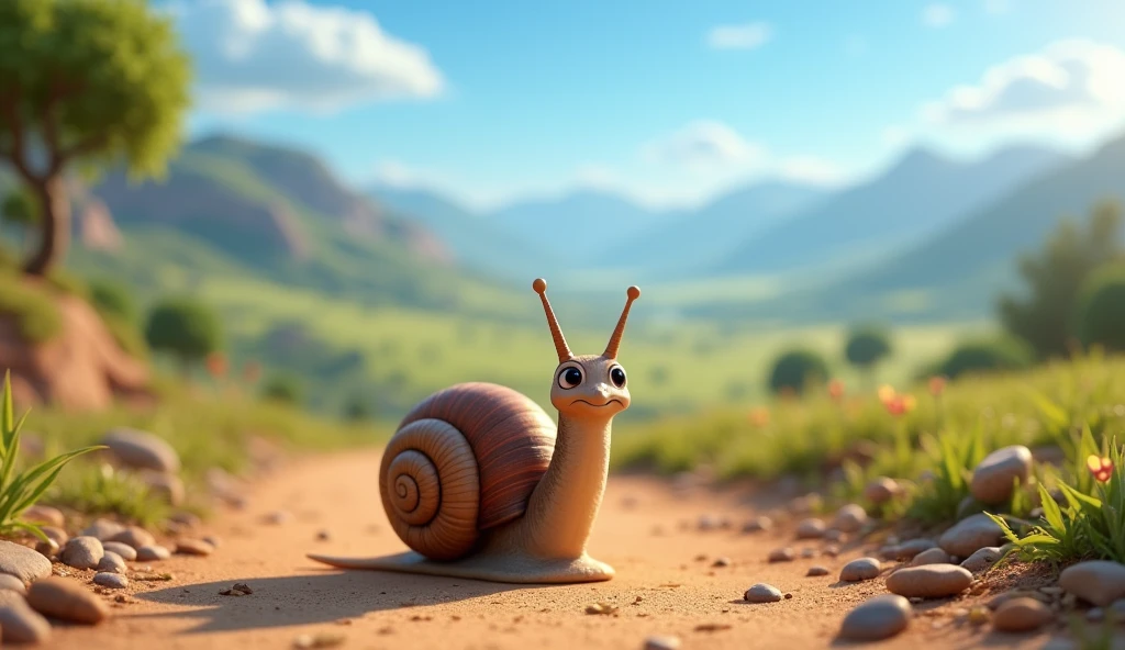 Description: "nico, the snail, is slowly gliding down a dirt path at the beginning of its long journey. The ground is covered with pebbles and dry leaves, while the sky is clear blue with soft clouds. No fundo, we see the vast valley he must cross, with distant mountains and green fields. nico está determinado, even if it seems fragile in the face of the immensity of the landscape. O estilo 3D detalha sua textura e o contraste entre o pequenthe snail e o enorme mundo ao redor, with a vibrant and magical touch, typical Disney Pixar."